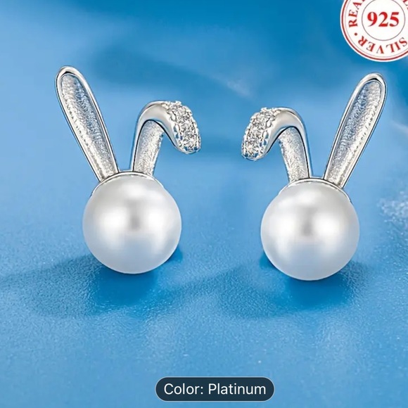 Sterling Silver Rabbit Stud Earrings,Freshwater Pearl Hypoallergenic and Elegant - Picture 3 of 7